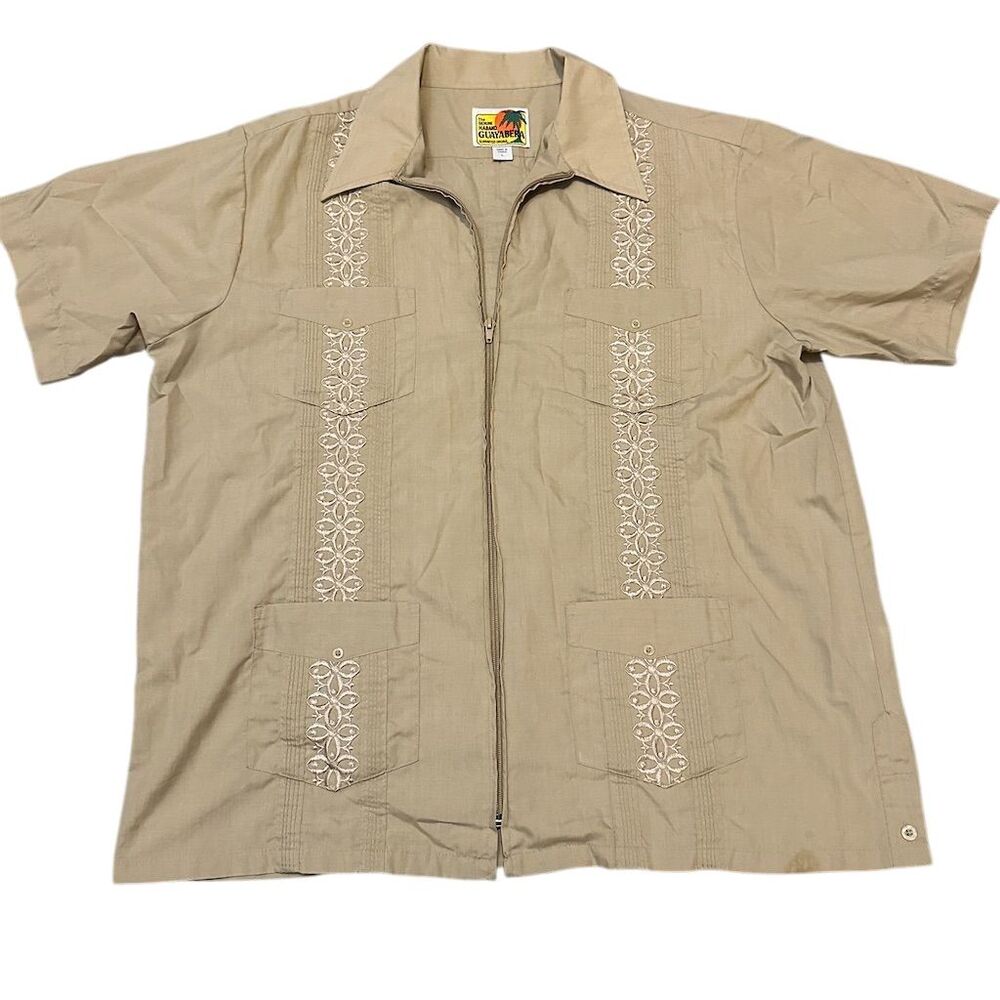 Vintage Haband‎ Men's Beige Guayabera Shirt L Short Sleeve Embroidered